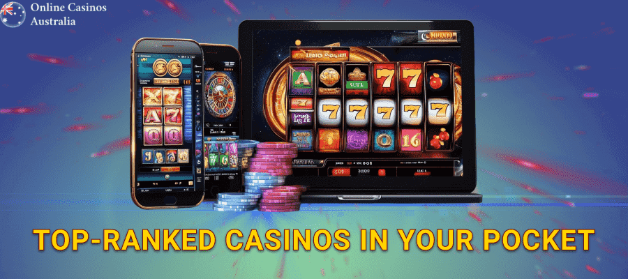 Mobile Casinos in Australia displayed on smartphone and laptop screens with slot machines, roulette, and poker chips