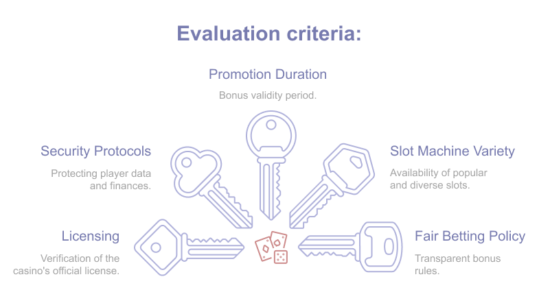 We only recommend casinos after reviewing their security measures (including licensing), how long their promotions remain active, the quality and variety of games, and the fairness of the attached wagering rules.