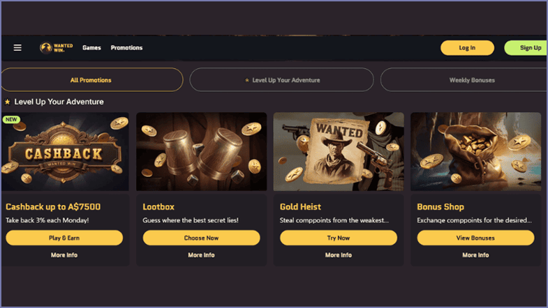 Wantedwin Casino: various promotions include no deposit free spins